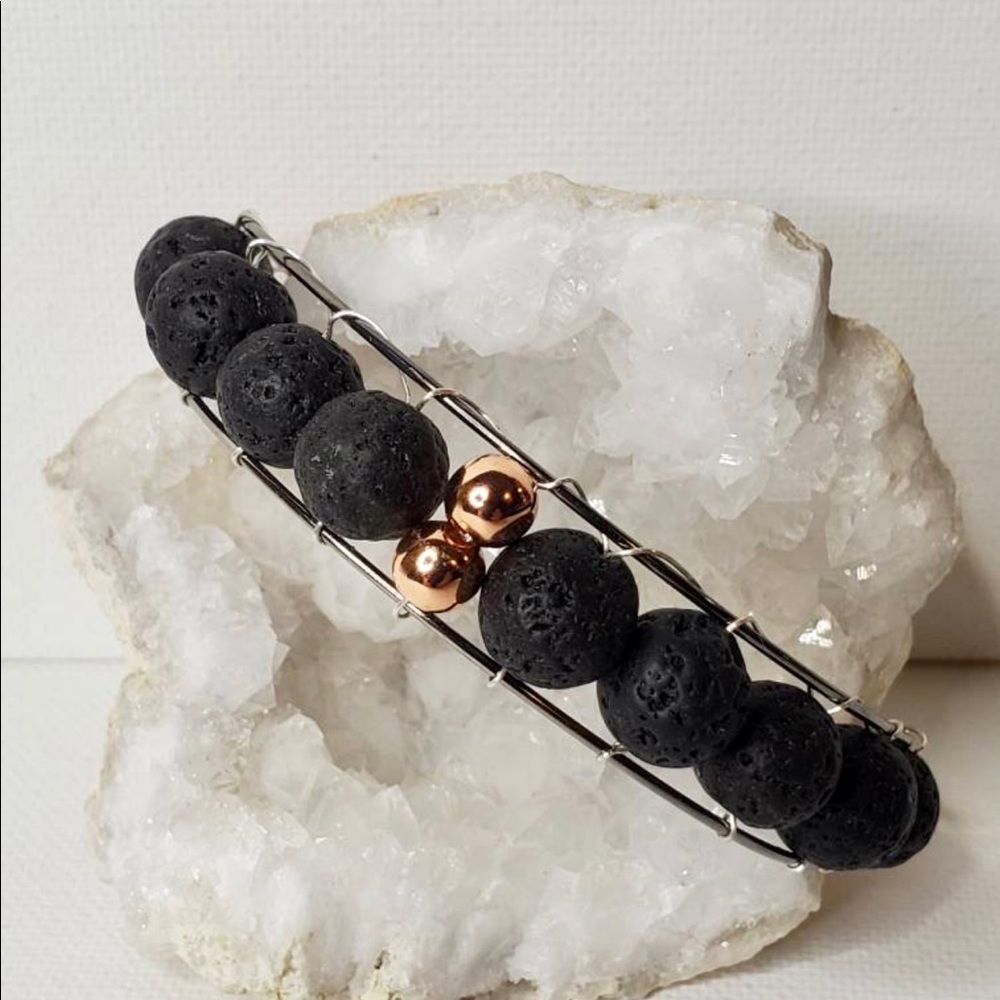 Channel Set Lava Stone/Bead & Copper Bracelet - Picture 1 of 7